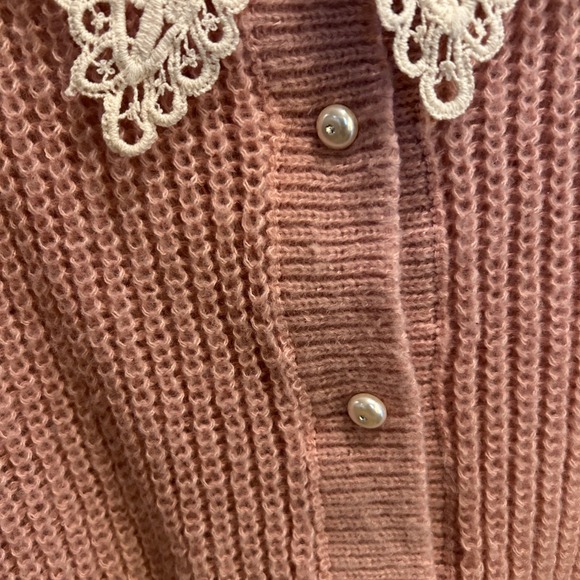 Pink Cropped Cardigan Pearl Button Lace Collar Coquette Cottagecore Womens Small - Picture 5 of 5